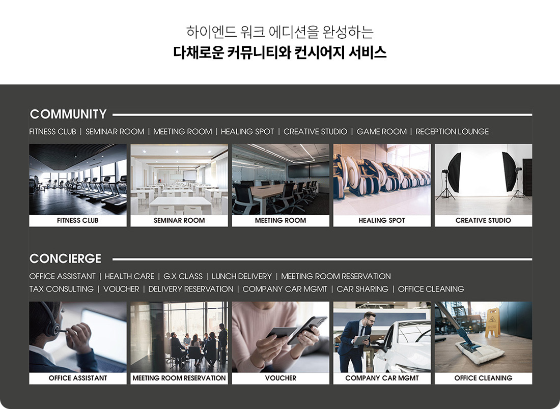 커뮤니티와 컨시어지 서비스 — 피트니스 클럽·세미나룸·회의실·힐링 스팟·크리에이티브 스튜디오, 오피스 어시스턴트·회의실 예약·차량 관리·오피스 청소 등
